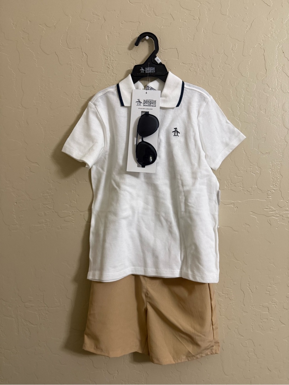 Original Penguin Boys' White Polo with Navy Trim and shorts with  accessory S 7